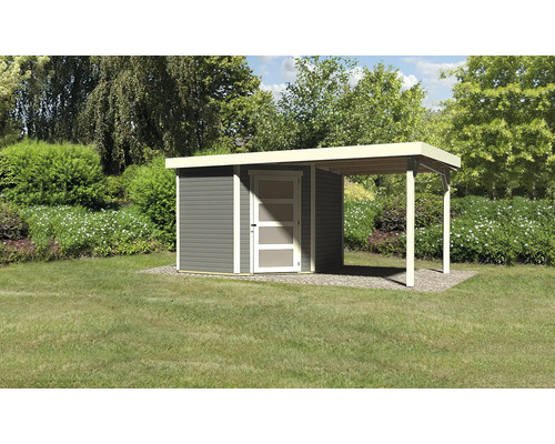 Gartenhaus mit Vordach auf Rasenfläche