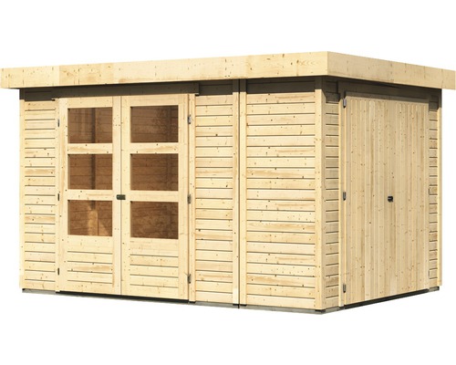 Gartenhaus aus Holz mit Fenstern und Doppeltür