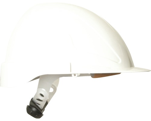 Weißer Bauhelm für den Kopfschutz auf Baustellen