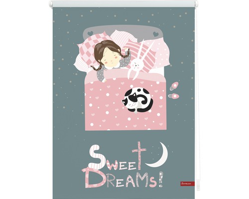 Rollo mit dem Aufdruck eines schlafenden Mädchens, eines Kaninchens und einer Katze im Bett.