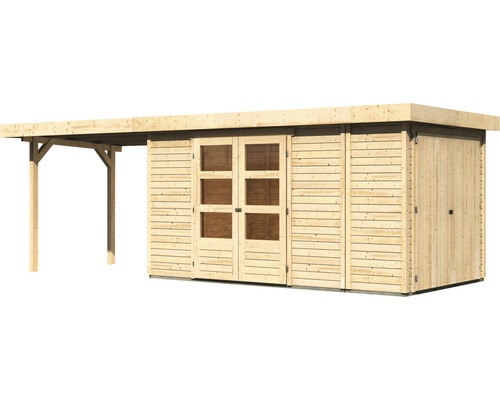 Holzgartenhaus mit Doppeltür und Anbau