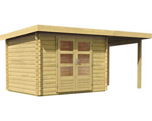 Holzgartenhaus mit Doppeltür und überdachtem Bereich