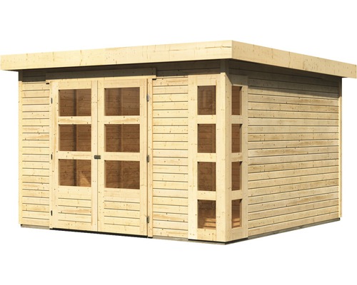 Holzgartenhaus mit Doppeltür und Fenstern