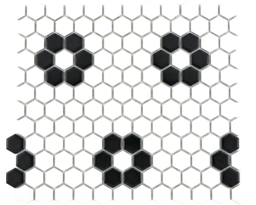 Keramikmosaik Hexagon HX030 26,0x30,0 cm weiß schwarz Mosaikfliese mit sechseckigen Elementen und Blütenmuster
