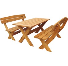 Gartentischgruppe aus Holz mit Tisch und zwei Bänken