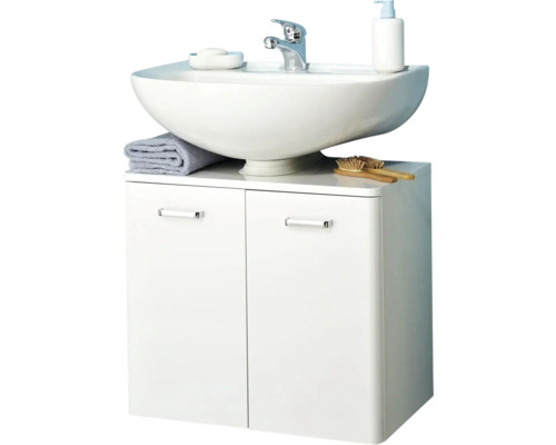 Waschtisch mit Unterschrank, Armatur, Seife, Handtuch und Bürsten