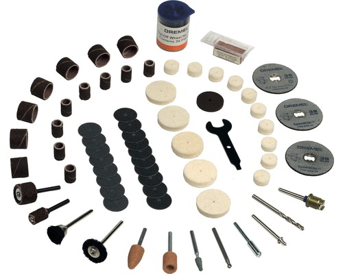 Dremel Zubehörset mit Schleifbändern, Polierscheiben, Trennscheiben, Schleifsteinen und Schraubenschlüssel