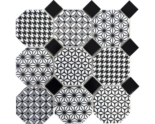 Keramikmosaik Octa Misto 30,0x30,0 cm schwarz weiß Mosaikmatte mit verschiedenen Mustern und Formen