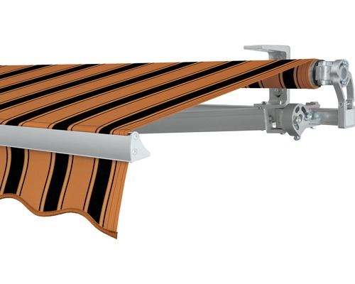 SOLUNA Gelenkarmmarkise Concept 4x2 Stoff Dessin 6363 Gestell Silber E6EV1 eloxiert Antrieb rechts inkl. Motor und Wandschalter Markise mit braunen und schwarzen Streifen
