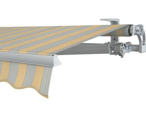 SOLUNA Gelenkarmmarkise Concept 3,5x2 Stoff Dessin 6676 Gestell Silber E6EV1 eloxiert Antrieb rechts inkl. Motor und Wandschalter Detailansicht einer Gelenkarmmarkise mit gestreiftem Stoff