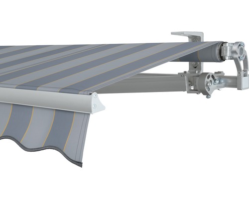 SOLUNA Gelenkarmmarkise Concept 3,5x2,5 Stoff Dessin 7109 Gestell Silber E6EV1 eloxiert Antrieb rechts inkl. Motor und Wandschalter Markise mit Streifenmuster