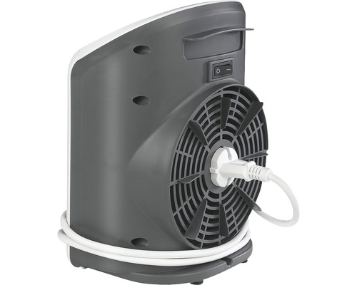 Rückansicht einer Heizlüfter mit Schalter und Kabelaufwicklung