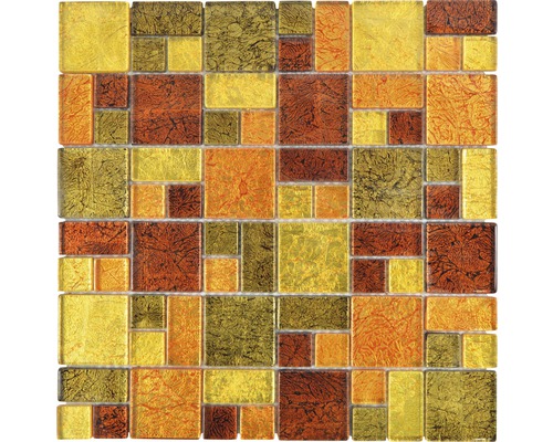 Glasmosaik XCM 8AL49 30,0x30,0 cm braun gold orange Mosaikfliese mit rechteckigen und quadratischen Glassteinen