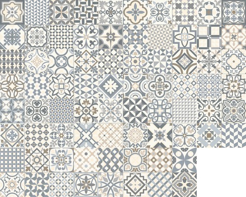 Feinsteinzeug Dekorfliese Heritage grey 33x33 cm grau hell matt Muster verschiedener Fliesen mit geometrischen und floralen Designs