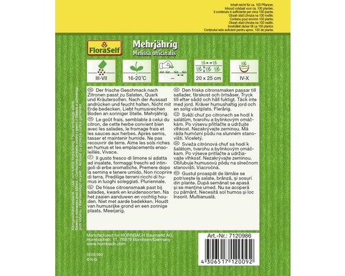 Verpackung mehrjährige Melisse von FloraSelf mit Informationen zu Anbau und Pflege