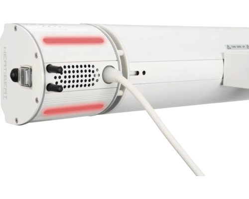 Detailansicht einer HEATBEAT Heizröhre mit Stromkabel und Bedienelementen.