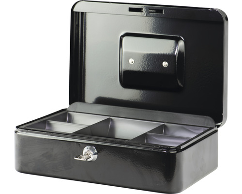 Geldkassette Burg Wächter Money 5025 schwarz, Außenmaß: B, H, T: 250x90x180 mm Geöffnete Geldkassette aus Metall mit Fächern und Schlüssel