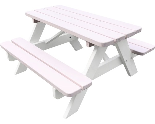 Kindersitzgruppe aus Holz, bestehend aus Tisch und zwei Bänken