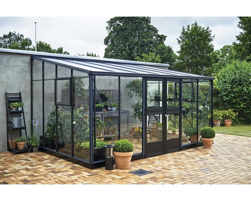 Gewächshaus Juliana Veranda inkl. Sicherheitsglas 3 mm 439 x 293 cm anthrazit schwarz Gewächshaus Juliana Veranda inkl. Sicherheitsglas 3 mm 439 x 293 cm anthrazit schwarz