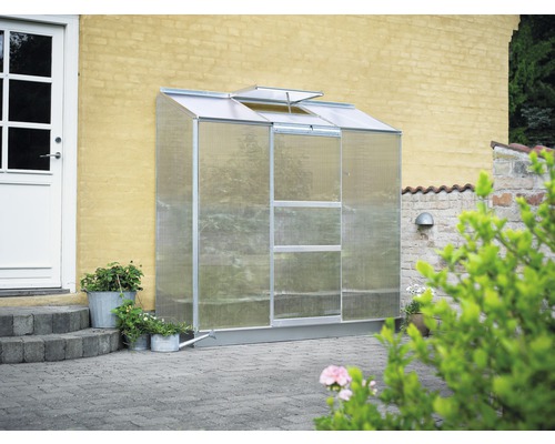Anlehngewächshaus Halls Altan 3 Hohlkammerplatten 4 mm 194 x 69 cm Aluminium Gewächshaus aus Metall und Kunststoff an einer Hauswand