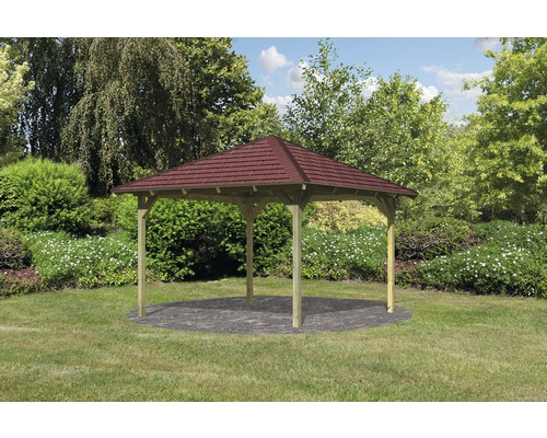 Gartenpavillion Karibu Eco Riesa mit Haube und Dachschindeln rot 314 x 314 cm kesseldruckimprägniert