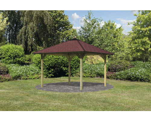 Gartenpavillion Karibu Eco Ostrau mit Haube und Dachschindeln rot 289 x 289 cm kesseldruckimprägniert