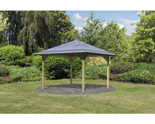 Gartenpavillion Karibu Eco Ostrau mit Haube 289 x 289 cm kesseldruckimprägniert Pavillon aus Holz im Garten mit grauer Dacheindeckung