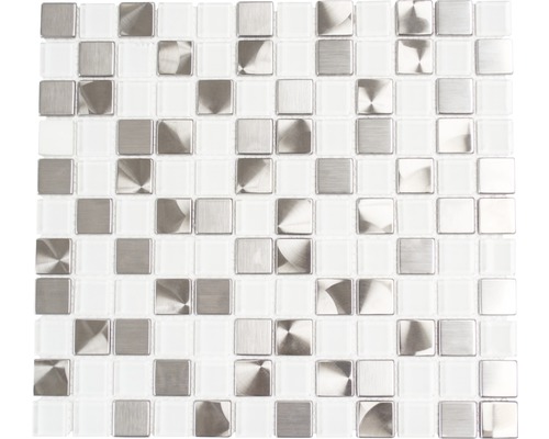 Aluminiummosaik XAM A441 32,7x30,2 cm silber weiß Quadratische Mosaikfliese aus Glas und Metall