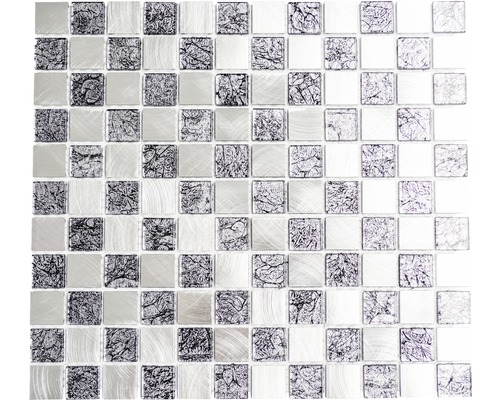 Aluminiummosaik XAM A451 32,7x30,2 cm silber schwarz Mosaikfliese mit quadratischen Elementen und unterschiedlichen Oberflächen