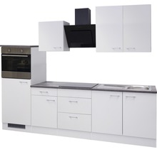 Komplette Küche mit Elektrogeräten, bestehend aus Unterschränken, Hängeschränken, Spüle, Herd und Dunstabzugshaube.