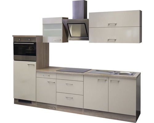 Küchenzeile mit Einbaubackofen, Dunstabzugshaube, Spüle und Kochfeld