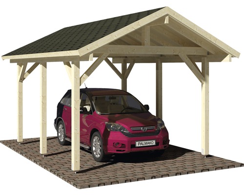 Holzcarport mit Flachdach und Auto