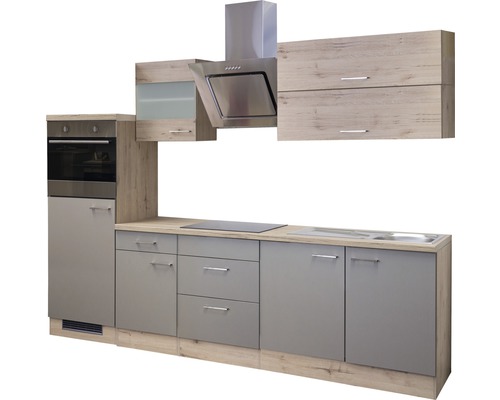 Küchenzeile mit Backofen, Kochfeld, Dunstabzugshaube, Spüle und Schränken