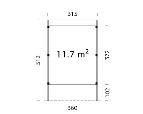 Grundrisszeichnung mit Maßangaben und einer Fläche von 11.7 Quadratmetern