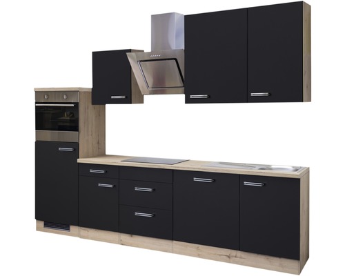 Moderne Küche mit Elektrogeräten, Dunstabzugshaube und schwarzen Fronten