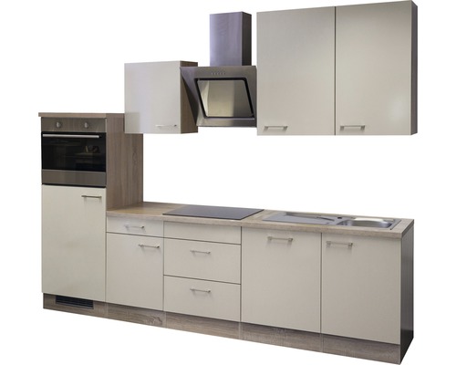 Komplette Küchenzeile mit Hängeschränken, Dunstabzugshaube, Spüle, Kochfeld und Einbaubackofen