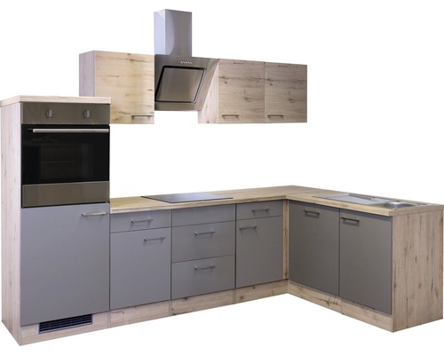 Moderne Küchenzeile mit Spüle, Kochfeld, Backofen und Dunstabzugshaube