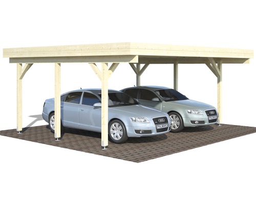 Doppelcarport aus Holz mit zwei geparkten Autos