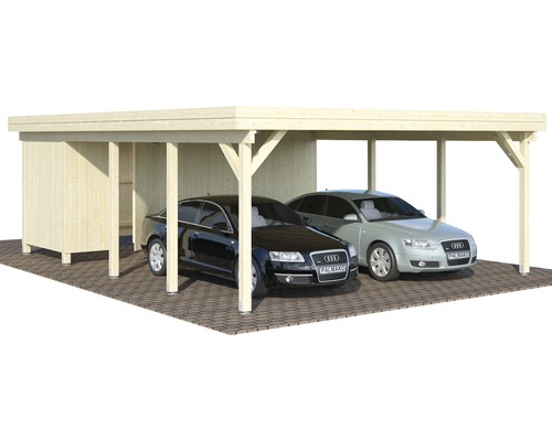 Doppelcarport aus Holz mit zwei parkenden Autos