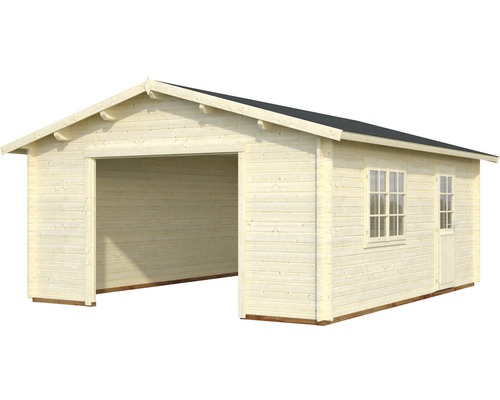 Holzgarage mit offenem Garagentor, Fenster und Tür