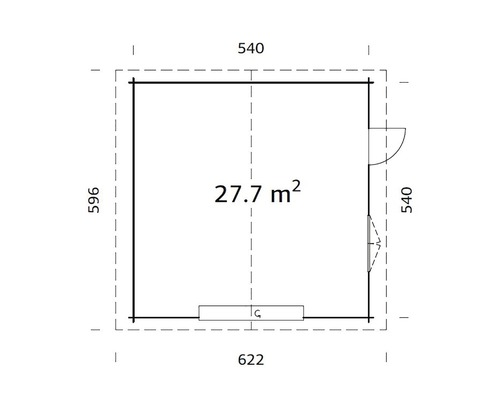 Grundriss eines Gartenhauses mit Flächenangabe und Abmessungen