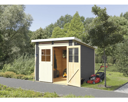 Gartenhaus Karibu Glücksburg inkl. Unterkonstruktion 242 x 217 cm terragrau Gartenhaus mit geöffneter Doppeltür und Rasenmäher im Garten