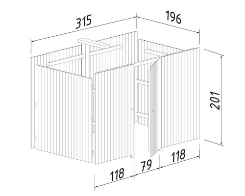 Technische Zeichnung eines Gartenhauses mit Maßangaben