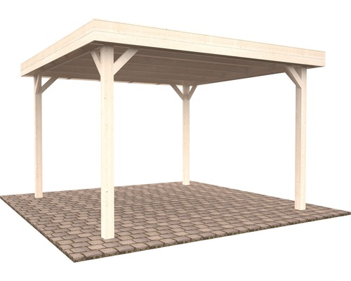 Holzcarport mit vier Pfosten und Flachdach
