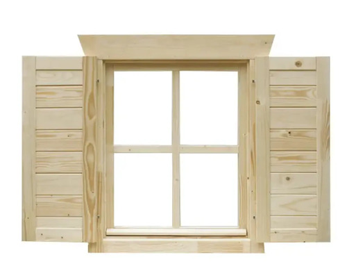 Fensterläden SKAN HOLZ für 28 mm Blockbohlenhaus 1 Paar, 57,5 x 70,5 cm natur Holzfenster mit geöffneten Fensterläden