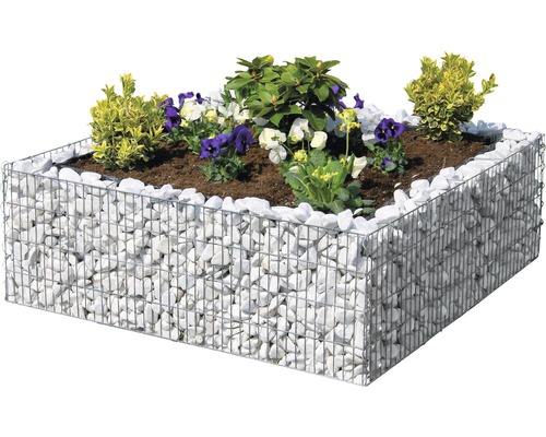 Gabionen-Hochbeet mit Pflanzen und Steinen