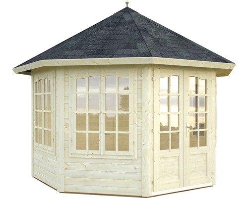 Achteckiger Pavillon aus Holz mit Fenstern und Dachschindeln