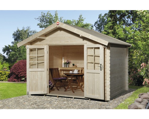 Gartenhaus weka inkl. Fußboden Unterkonstruktion 300 x 300 cm Gartenhaus aus Holz mit geöffneten Doppeltüren, inklusive Tisch und Stühlen