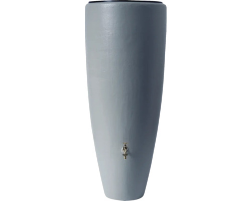 Graue Regentonne mit Wasserhahn zur Gartenbewässerung