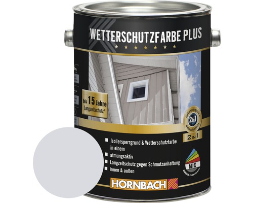 HORNBACH Holzfarbe Wetterschutzfarbe Plus silbergrau 2,5 L Dose Wetterschutzfarbe Plus mit Farbbeispiel und Hornbach Logo